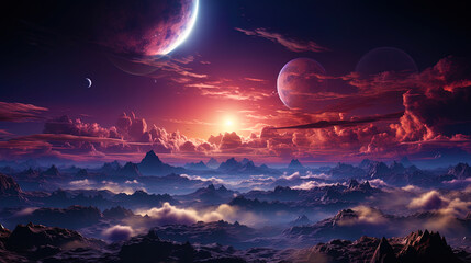 Wall Mural - Foggy clouds covering the surface of the planet, as if bedspreads and puzz