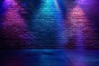 A brick wall illuminated by three spotlights in blue and purple hues.