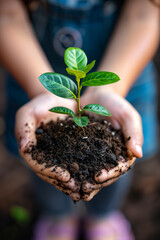 A woman's hand holds a young green plant preparing to plant on the ground, for the concept of world environment day.