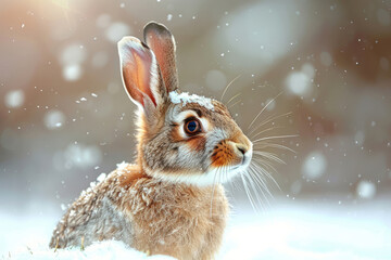 Wall Mural - Brown fluffy hare on a snowy winter day