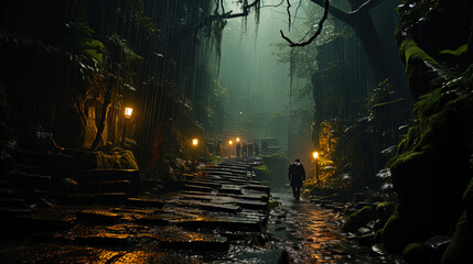 Wall Mural - Mystical jungle with foggy paths and hidden dangers, like a test for researche