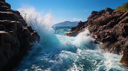 Wall Mural - Swift waves crashing against rocks, like a song of wind and wate