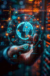 © S photographer - Selective focus of A businessman is holding a hologram showing a digital globe consisting of technology and social icons.