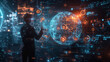 © S photographer - Selective focus of A businessman is holding a hologram showing a digital globe consisting of technology and social icons.