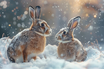 Wall Mural - Hares on a winter snowy day