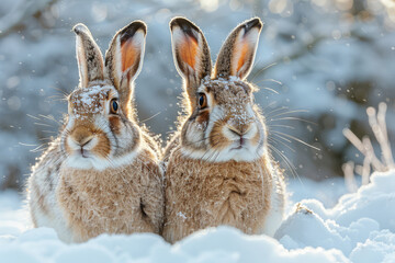 Wall Mural - Two brown hares in the snow