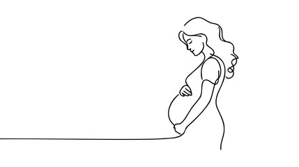 Wall Mural - Pregnant woman single continuous line art. Medicine health care pregnancy healthy silhouette holding belly headline concept design one sketch outline drawing white vector illustration