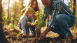 Diverse family honors planting a tree in a serene forest, concept of life, love, and legacy