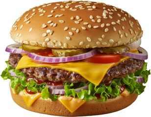 Wall Mural - Juicy cheeseburger with lettuce tomato onion, cut out transparent