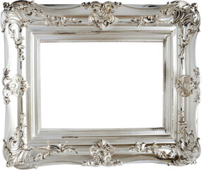 Elegant silver picture frame with intricate designs, cut out transparent