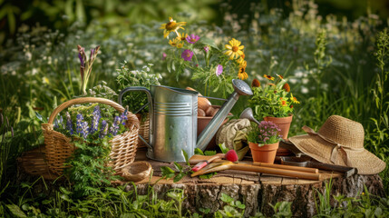 Canvas Print - A quaint gardening set with a wicker basket and colorful blooms is arranged on a tree stump.