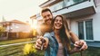Happy young couple holding home keys after buying real estate,