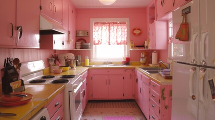 Kitchen is painted pink, in the style of 1970s