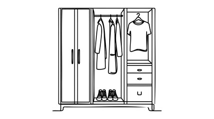 Wardrobe in continuous line art drawing style. Classical style free-standing closet for storing clothes minimalist black linear sketch isolated on white background. Vector illustration.