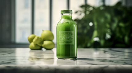 Wall Mural - A bottle of green juice sits on a counter next to a bunch of green fruit