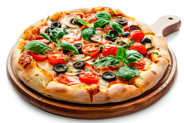 Wall Mural - Fresh pizza with black olives, cheese and tomatoes served on wooden plate isolated on white