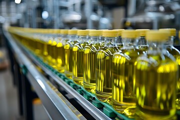 Wall Mural - Advanced Industrial Equipment: A Modern Automated Olive Oil Bottling Conveyor Line in a Factory. Concept Industrial Automation, Conveyor Systems, Olive Oil Bottling, Factory Equipment