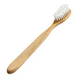 A wooden toothbrush with white bristles
