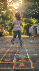 Poster - A little girl running on a sidewalk with chalk in her hand. Generative AI.