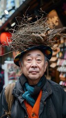 Wall Mural - A man with a bird nest on his head in the city. Generative AI.