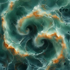 Abstract painting of two gold swirls and sea foam green