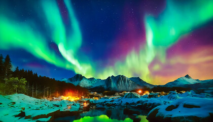 fantasy winter landscape, green aurora over snow mountains, northern light at night, wall art poster
