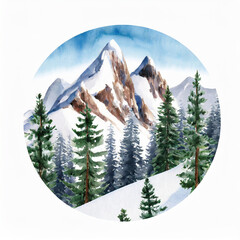 Wall Mural - Watercolor painting of snowy mountain peaks with pine forest, composition in circle isolated on white.