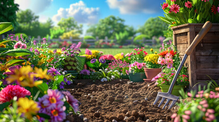 Canvas Print - Gardening fork and vibrant flowers in a sunlit garden with rich soil.