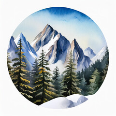 Wall Mural - Watercolor painting of snowy mountain peaks with pine forest, composition in circle isolated on white.