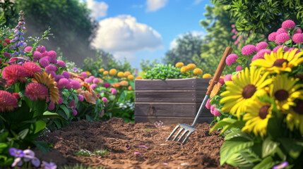 Canvas Print - A garden fork stands in the soil amid a vibrant display of multicolored flowers.