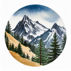 Wall Mural - Watercolor painting of snowy mountain peaks with pine forest, composition in circle isolated on white.