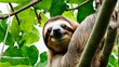 The sloth (Bradypus variegatus) is a symbol of slowness and laziness, with brown eyes, gracefully swinging on a huge branch of a flowering tree.