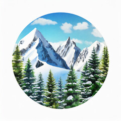 Wall Mural - Watercolor painting of snowy mountain peaks with pine forest, composition in circle isolated on white.