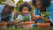Grandparents and a grandchild enjoy planting in terracotta pots together.