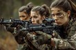 A group of women in camouflage paint are posing together while holding guns, A group of women soldiers in special forces displaying their combat skills, AI Generated