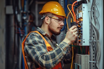 Poster - Professional electrician man works in a switchboard with an electrical connecting cable, Electrician repairing