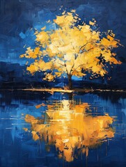 Wall Mural - A painting depicting a tree with vibrant yellow leaves in a realistic style