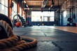A gym with various ropes hanging from the ceiling and ropes scattered on the floor, providing equipment for strength and endurance training, A gym with an intense boot camp course, AI Generated