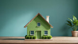 Fototapeta  - Modèle miniature de maison sur une table, isolée sur fond bleu. Concept construction immobilier vert et durable - IA générative	