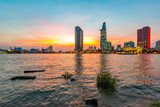 Fototapeta Przestrzenne - Saigon - Vietnam. December 14, 2015. City wiev on sun set in Ho Chi Minh City, Vietnam.  