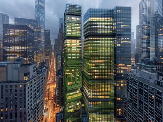 Wall Mural - A cityscape with two tall buildings with green leaves on the side. The buildings are lit up at night, creating a moody atmosphere