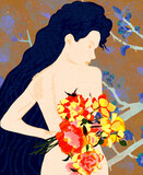 Fototapeta  - Młoda kobieta z długimi włosami i bukietem kwiatów na barwnym abstrakcyjnym tle.