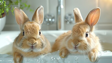 Wall Mural - white rabbit washing in the bath. Generative AI