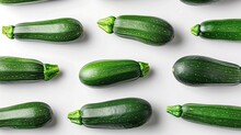  Zucchini Creative Pattern Isolated  Photo On White Background. Top View And Flat Lay On White. Generative AI