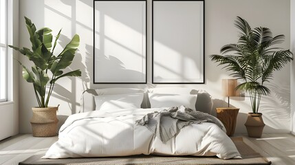 Poster mockup with two vertical frames on empty white wall in bedroom interior with bed, green plaid and plants. 3D rendering ai generated 