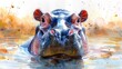 Baby hippo with watercolor illustration. Exotic nature, african animals, and savannah wildlife.