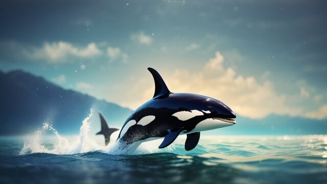 Orca wales jumping out of sea surface, illustration