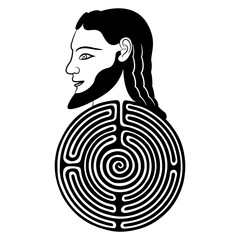 Wall Mural - Head of a bearded man on top of a round spiral maze or labyrinth symbol. Theseus. Ancient Greek hero. Creative mythological concept. Black and white silhouette.