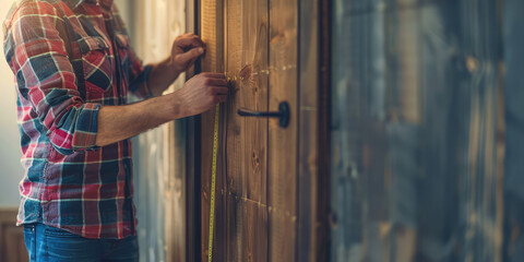 Close-up  male employee measuring dimensions of a door, doorway. Background for door installation company, free visit of measuring technician.