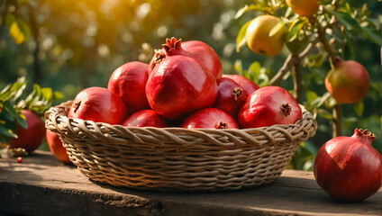Wall Mural - beautiful ripe pomegranate fruit in a basket in the garden delicious